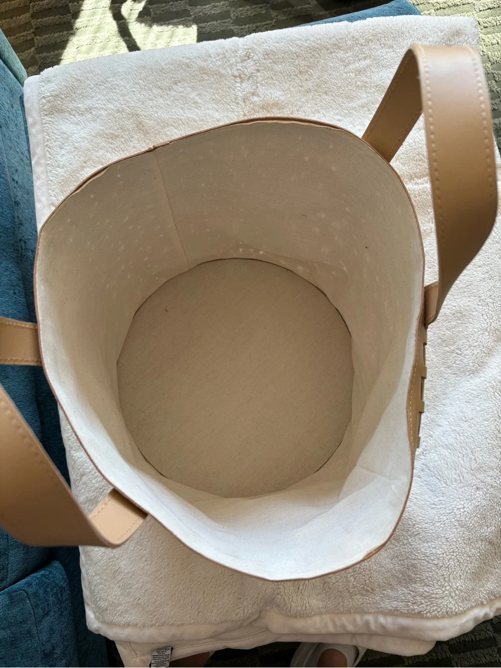 West Elm Leather Woven Basket with Handles - Light Beige, Tab